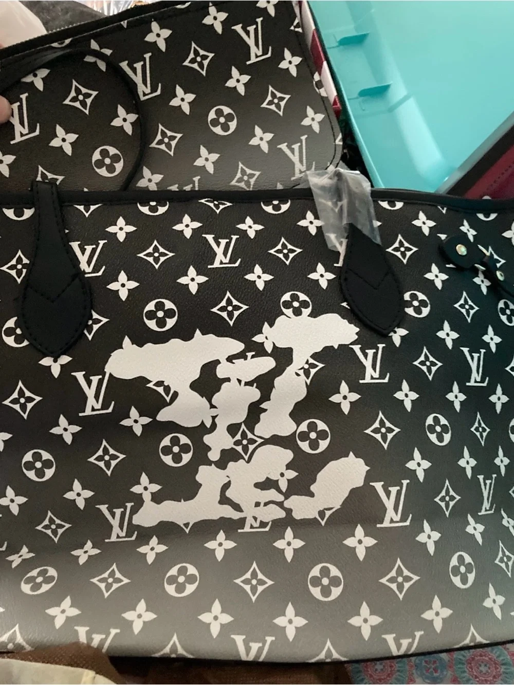 Black and White Tote Bag with Pouch